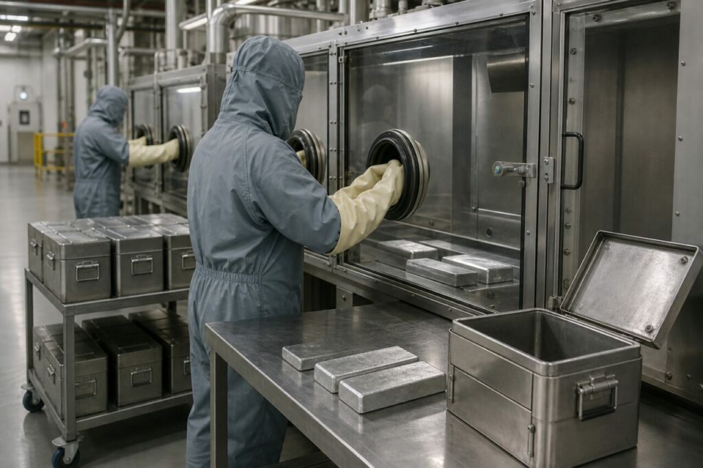 Prüfung und dichtes Lagern von Natriummetallbarren in einem industriellen Trockenraum