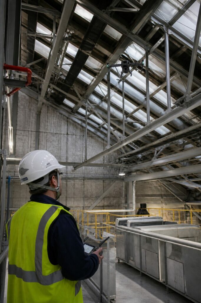 Drone inspection of an auxiliary-building roof — with helmeted operator and controller