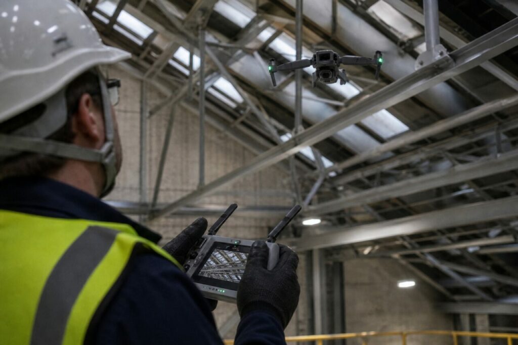 Drone inspection of an auxiliary-building roof — with video screen and steel roof trusses