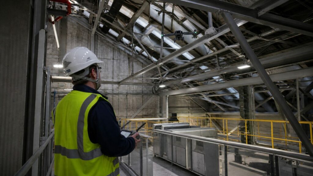 Drone inspection of an auxiliary-building roof — above hard-to-reach joints