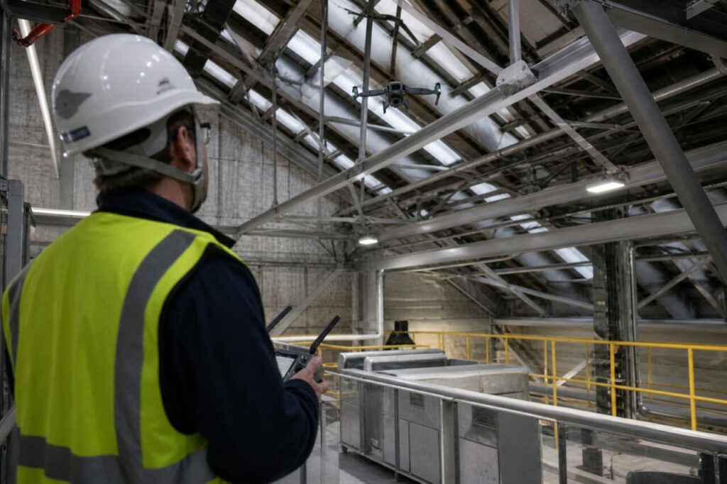 Drone inspection of an auxiliary-building roof — with inspection flight beneath the roof