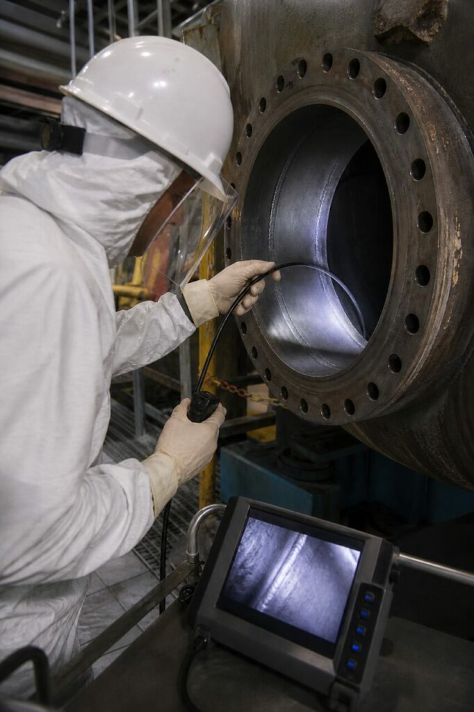 Technician inspecting an internal steam-generator weld