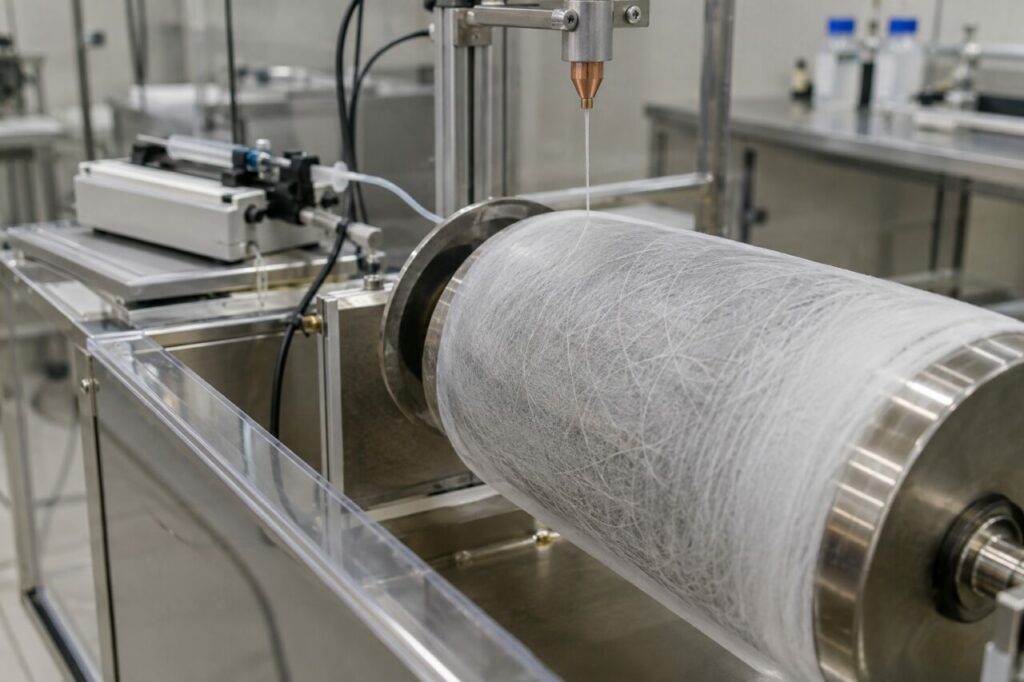 Installation complète d’électrofilage polymère avec le voile polymère visible
