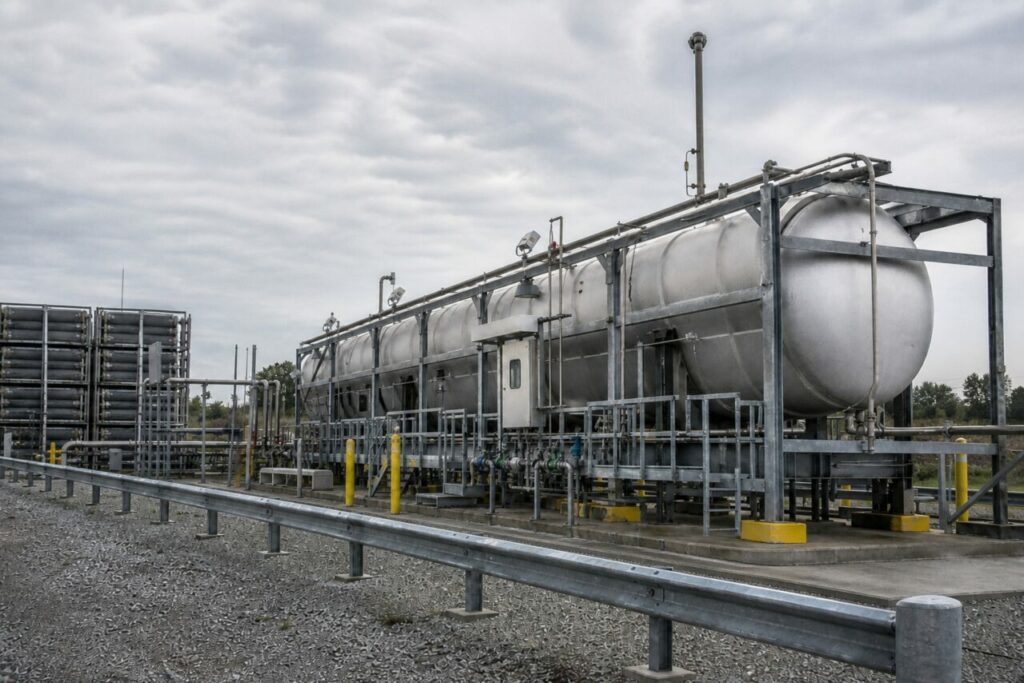 Modules métalliques alignés dans l’installation d’hydrogène