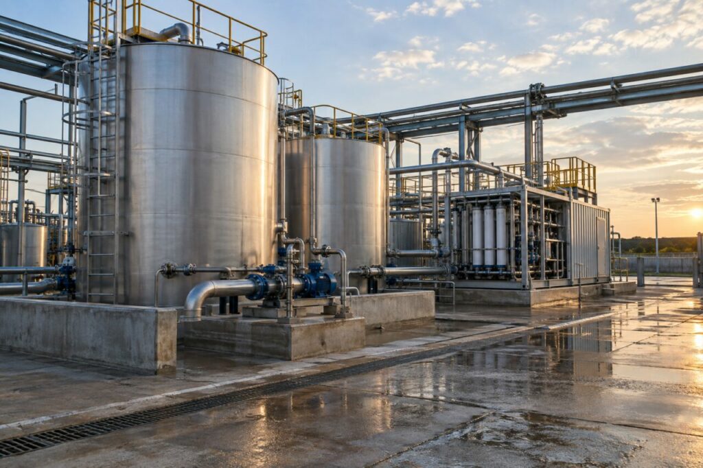 Installation industrielle de distillation membranaire dans une aire de collecte extérieure
