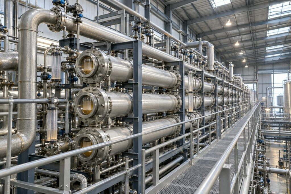 Installation industrielle de distillation membranaire le long d’une galerie de modules