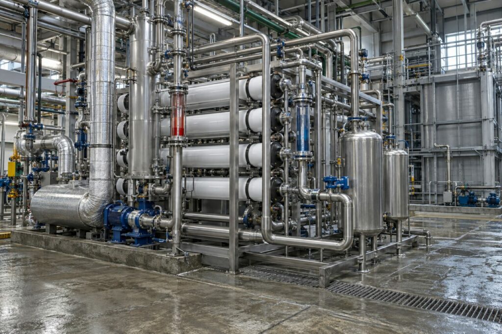 Installation industrielle de distillation membranaire sur un skid inox