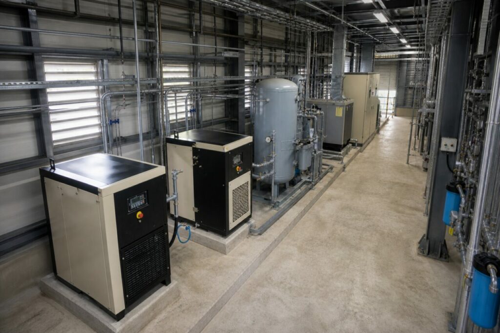 Utility room with compressors, dryers and pipework