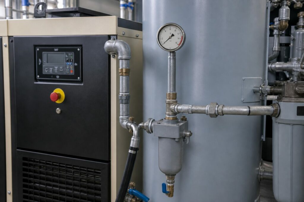 Valve, pressure gauge and pipework on the air compressor