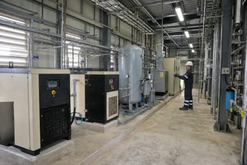 Technician beside the instrument air compressor