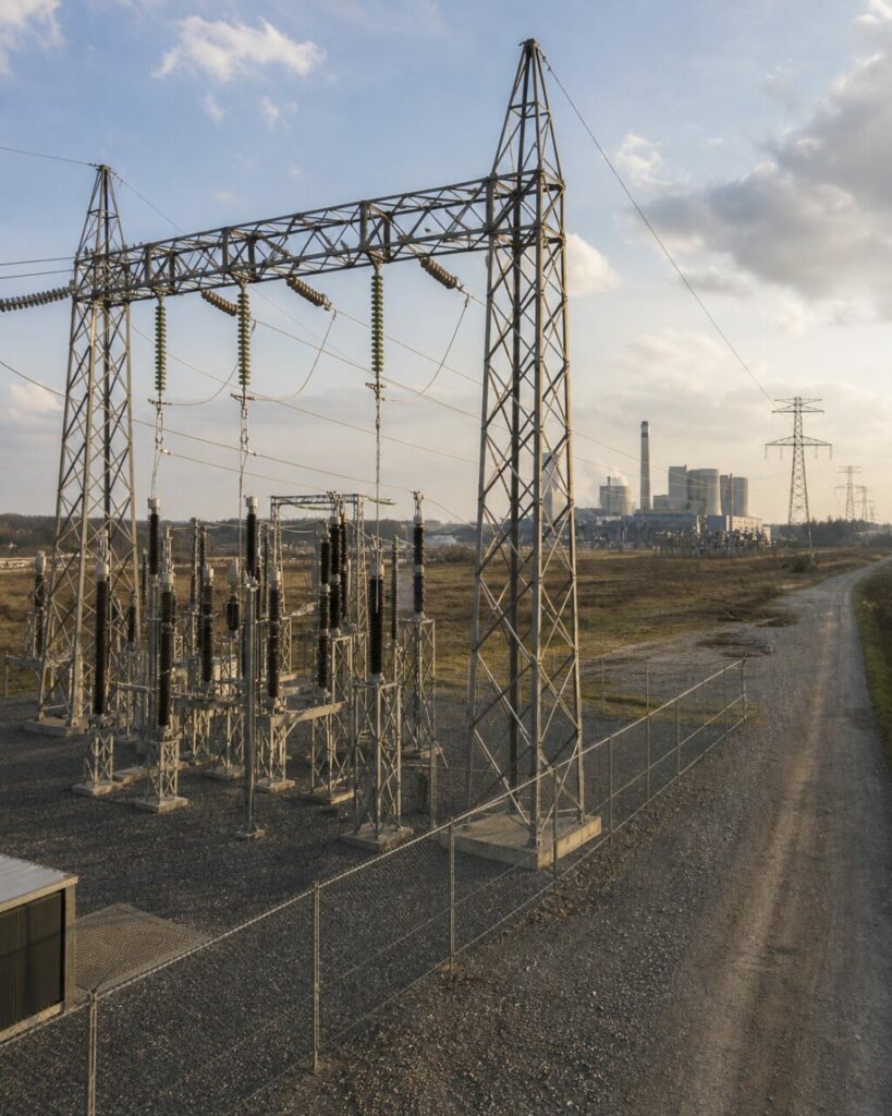 Isoladores suspensos no pórtico da subestação