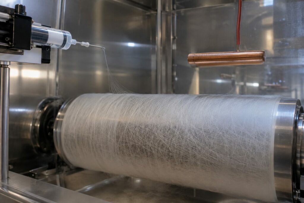 Getto di fibre sottili tra elettrodo e collettore presso la protezione trasparente