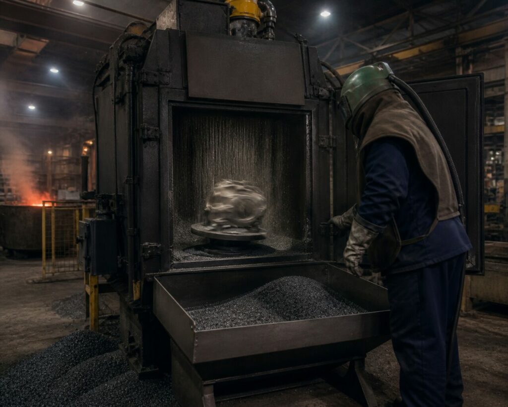 Die Düse richtet das Strahlmittel auf die Bauteilkonturen