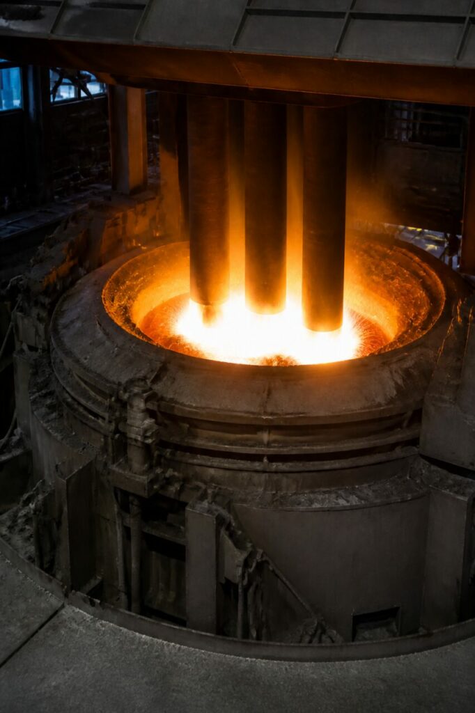 Il calore degli archi fonde il metallo sotto le colonne degli elettrodi
