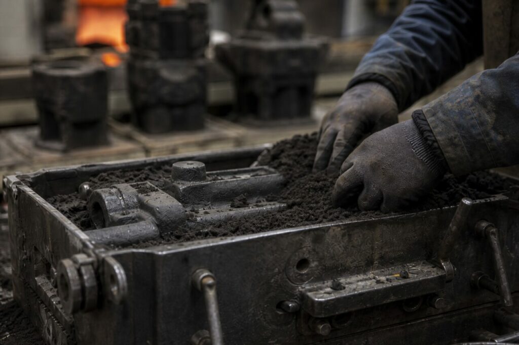 Verdichteter Formstoff umgibt das Metallmodell