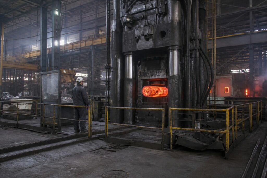 Hydraulische Presskraft staucht den vorgewärmten Rundblock