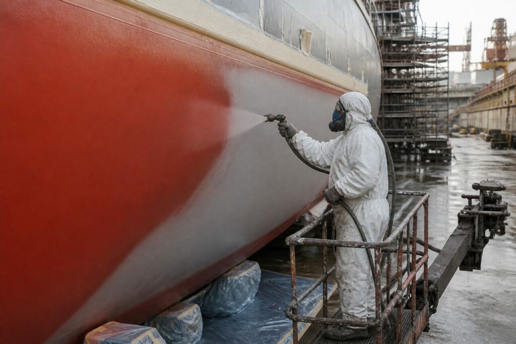 Zwischen Grundierung und rotem Deckanstrich setzt der Arbeiter die Beschichtung fort