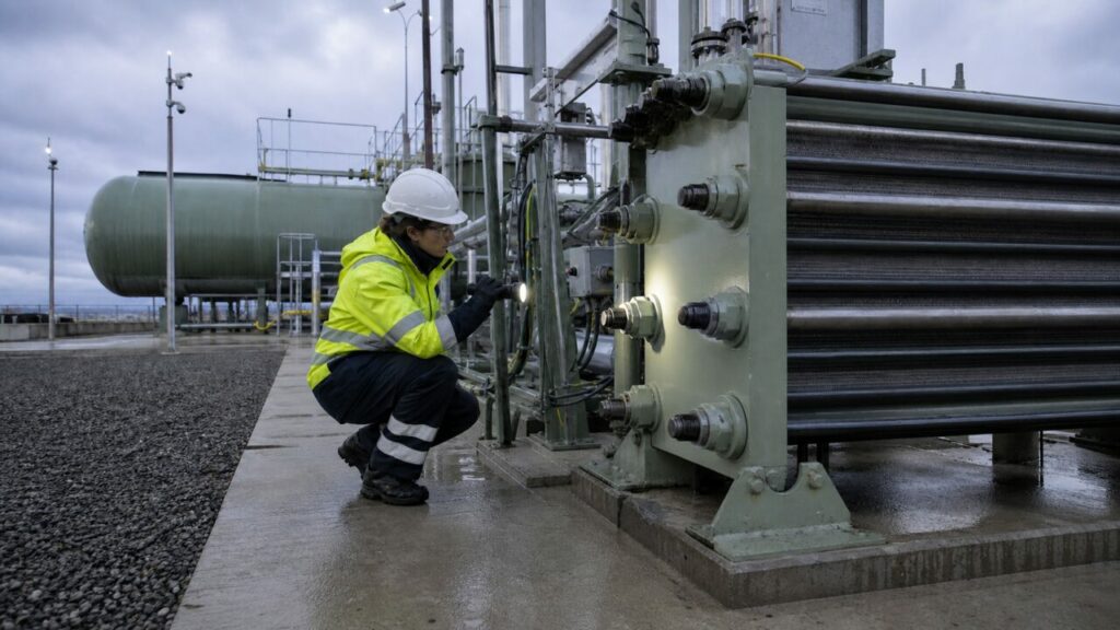 Inspection du module hydrogène — raccords éclairés sur l’unité de procédé