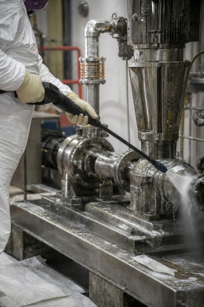 Washing lance targets valves on the decontamination skid