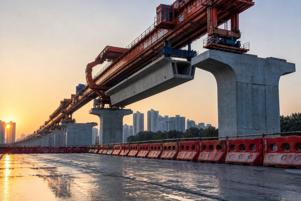 Stahlgerät und Betonpfeiler des Viadukts — Metrobahnviadukt