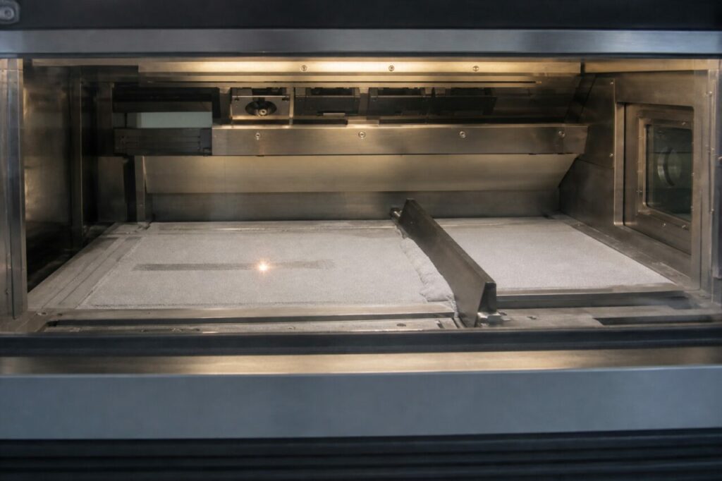 Smeltlaser trekt een baan door het poederbed