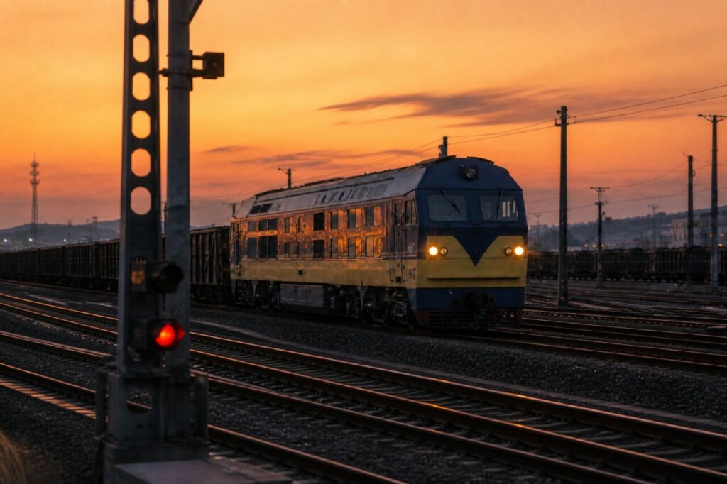 Comboio mineral sob luz laranja — locomotiva diesel e vagões abertos