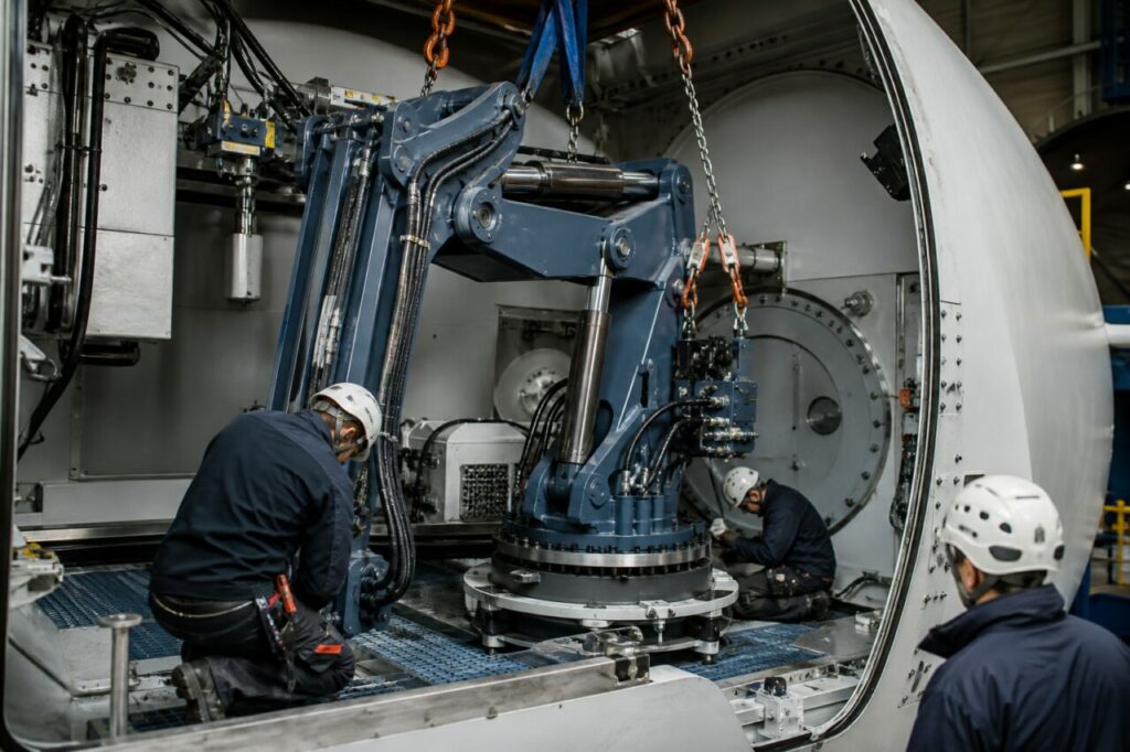Ketten tragen den Hydraulikausleger über seiner runden Aufnahme