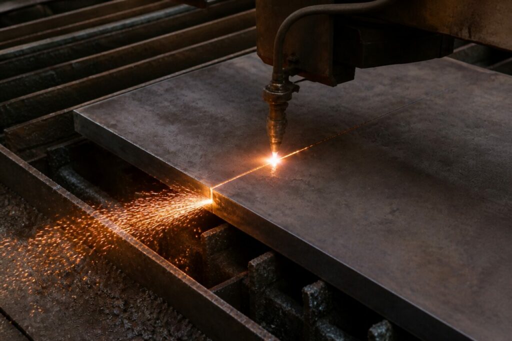 Guidato dal portale CNC, il cannello segue una traiettoria rettilinea