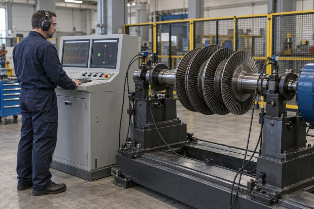 Diante da consola, leitura da equilibragem dinâmica de um rotor de turbina