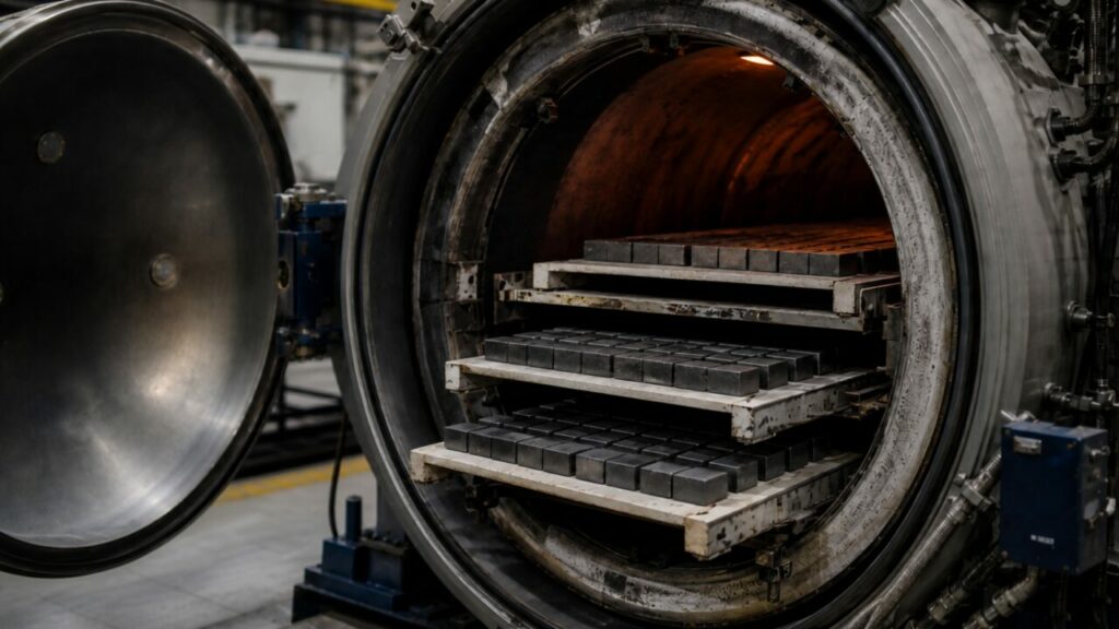 Übereinanderliegende Träger halten die Presslinge in der Vakuumkammer