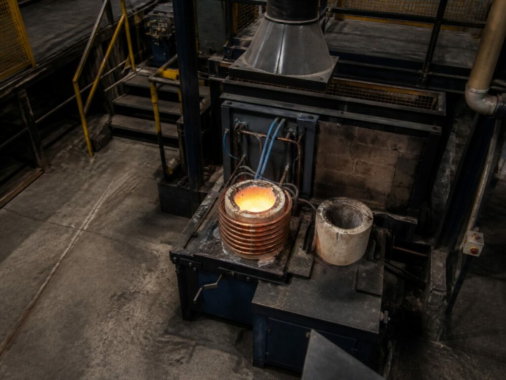 Gekühlte Leiter speisen den Induktor am feuerfesten Gefäß
