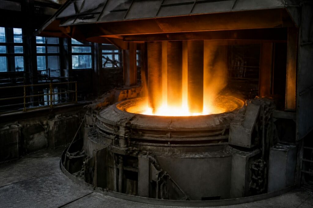 Gli elettrodi apportano calore al centro del forno siderurgico