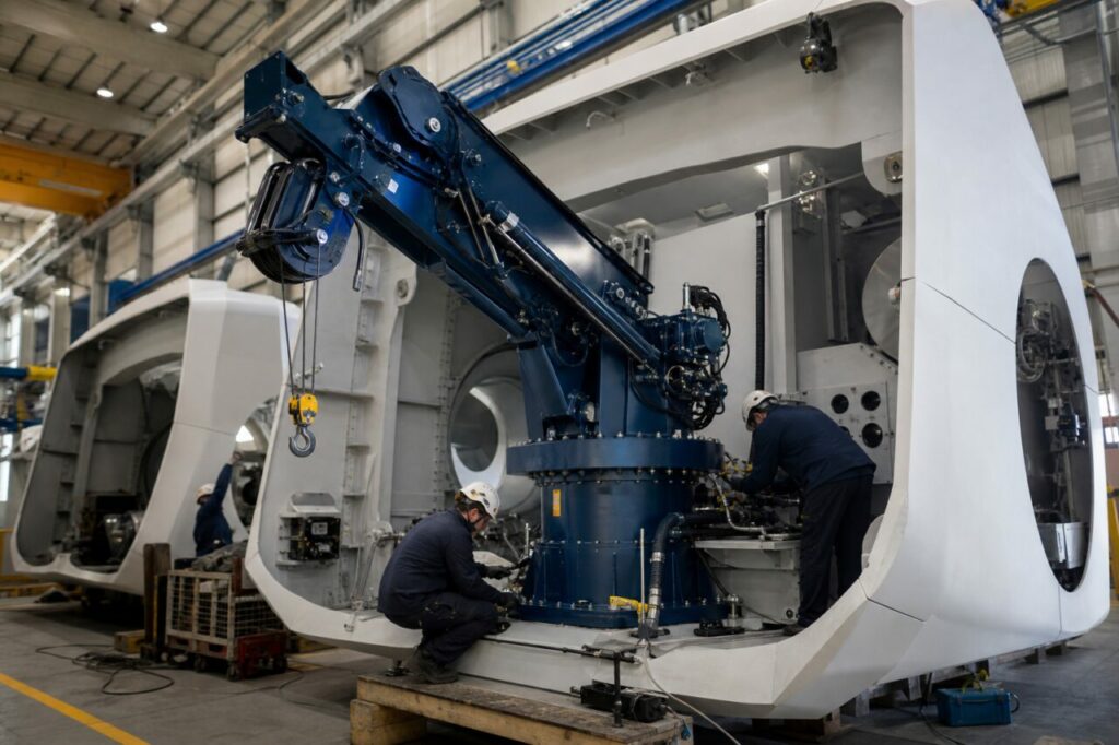 Im Gondelrahmen vervollständigen Hydraulikanschlüsse den Hilfskran