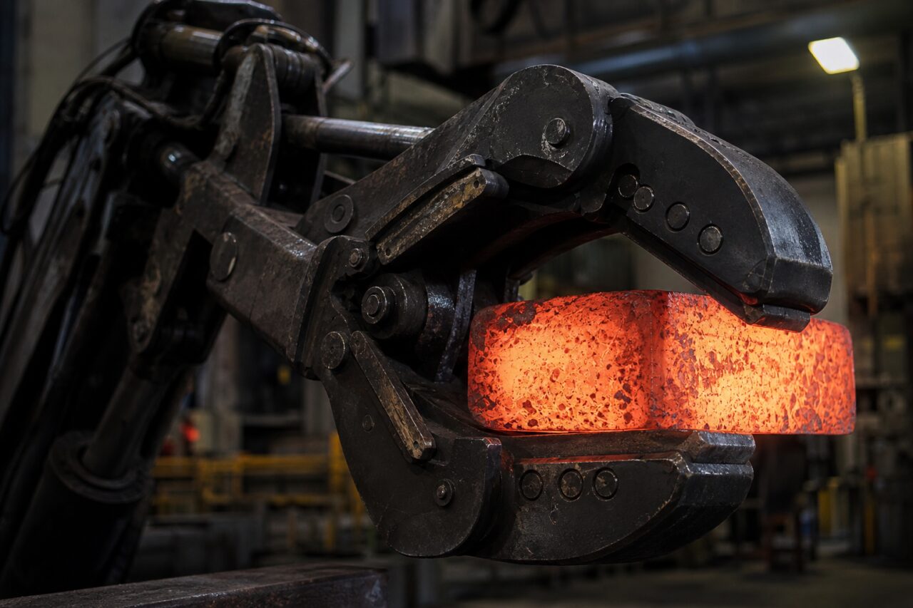 Articulated jaws grip the warm forging stock