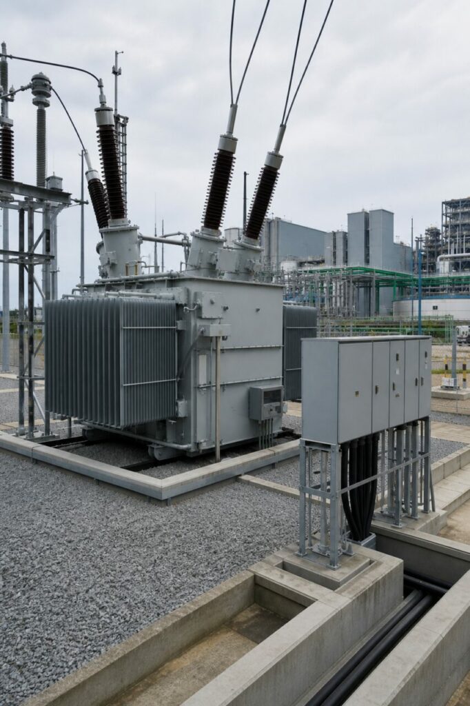 Les traversées haute tension dominent les radiateurs du transformateur