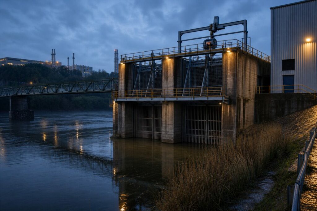 Liaison piétonne reliant la rive au bâtiment de prise