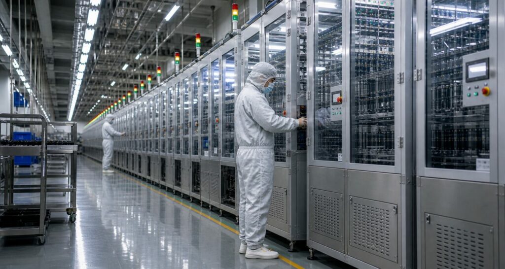 celle cilindriche e impianti di una fabbrica di batterie — Gigafactory per batterie
