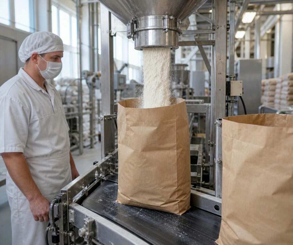 Sur la ligne continue, deux sacs kraft de farine passent sous la doseuse inox