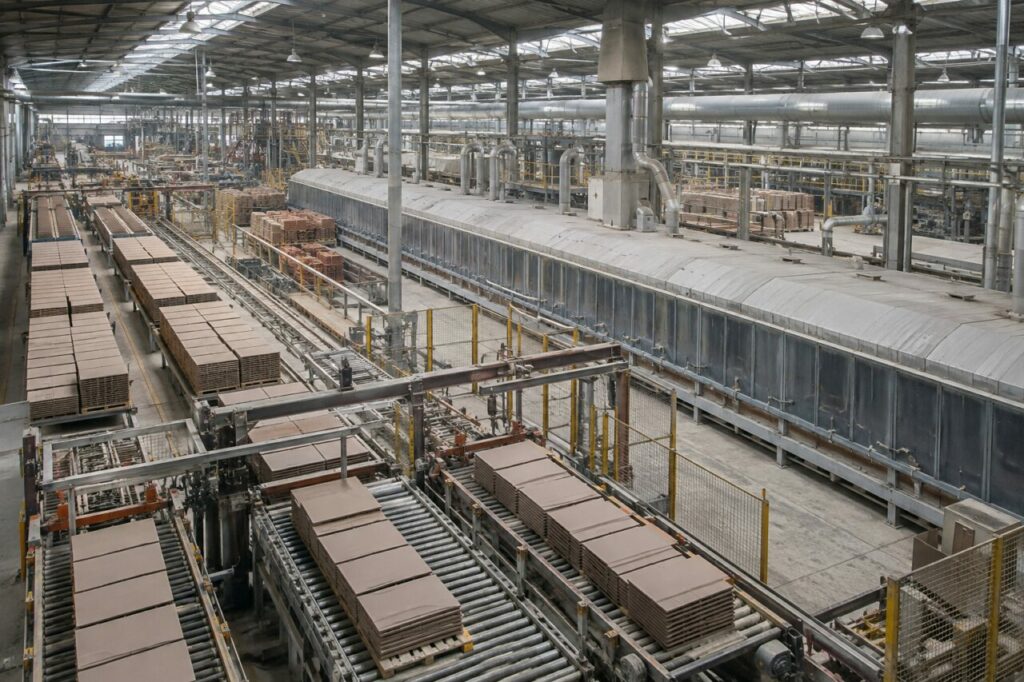 Linha de cozedura cerâmica com transportadores paralelos e pilhas de azulejos