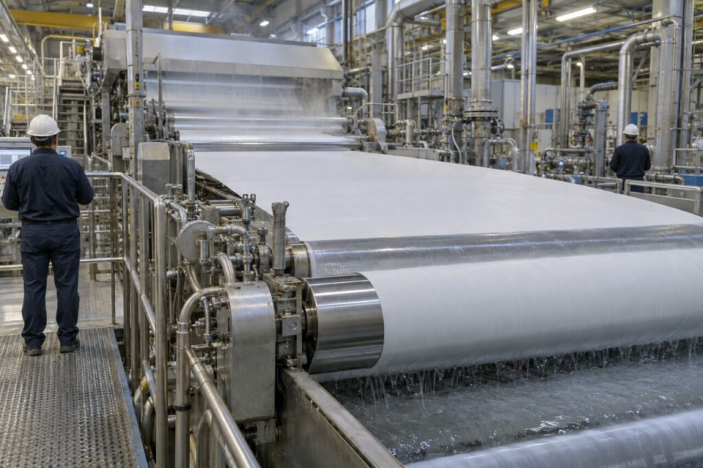 Ligne de fabrication du papier avec toile humide, rouleaux polis et tuyauteries inox
