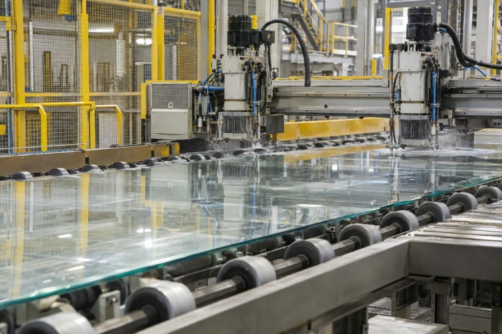 ligne de rouleaux: Ligne de rognage des bords sur verre float transparent