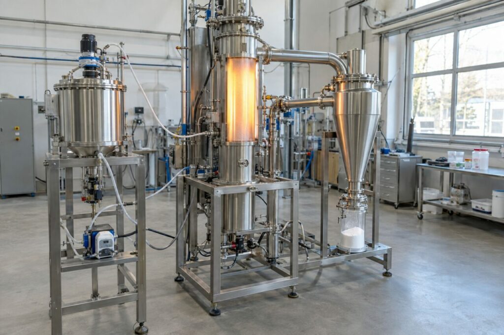 Ligne pilote complète pour fabriquer des poudres d’oxydes par aérosol par pyrolyse par pulvérisation
