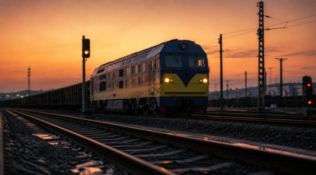 Locomotiva azul no terminal — vagões de granéis nas linhas de mercadorias