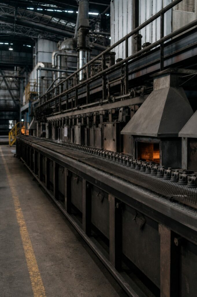 Long continuous sintering furnace beneath workshop walkways