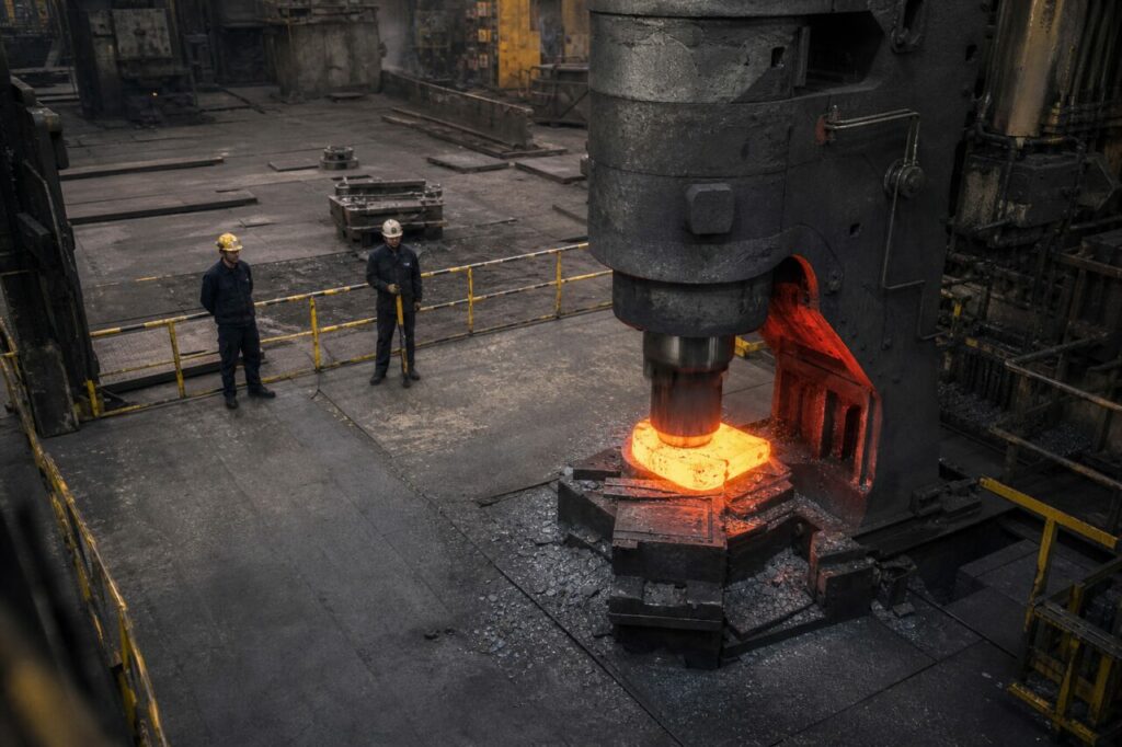Schmiedewerkzeuge formen das rotglühende Metall auf dem Amboss