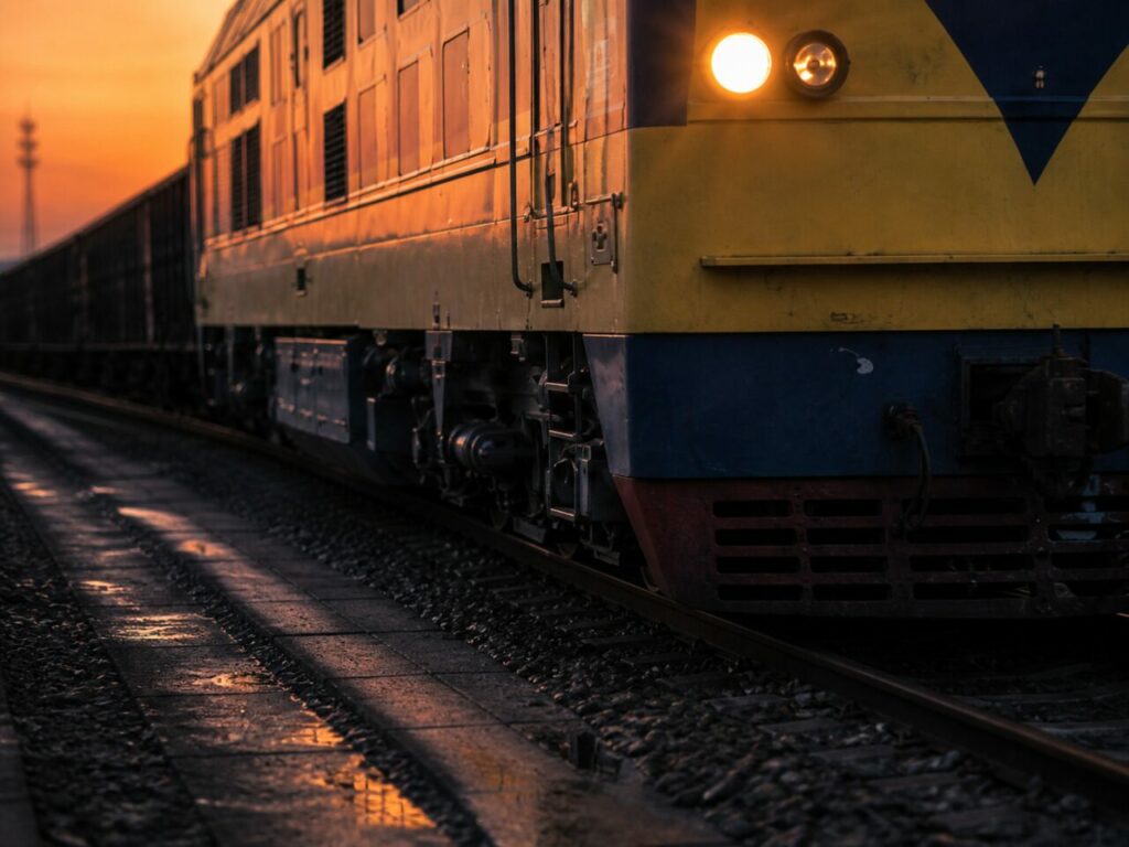 Sinal do terminal ferroviário — locomotiva diesel e vagões de granéis