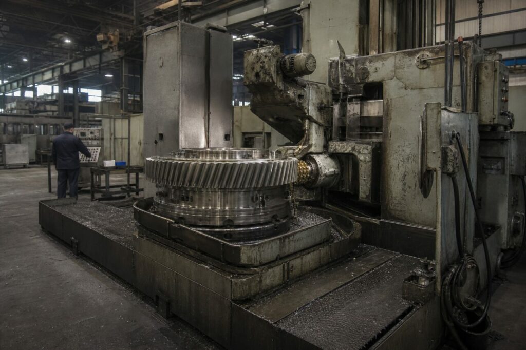 CNC-Verzahnungsmaschine mit Mitarbeiter und großem Zahnrad