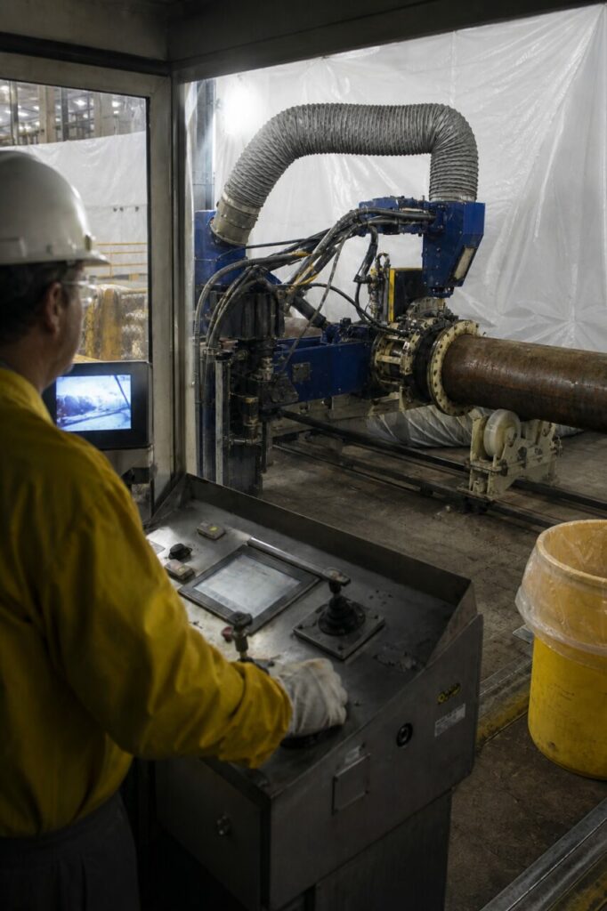 Machine de découpe télécommandée sur tuyauterie en enceinte nucléaire