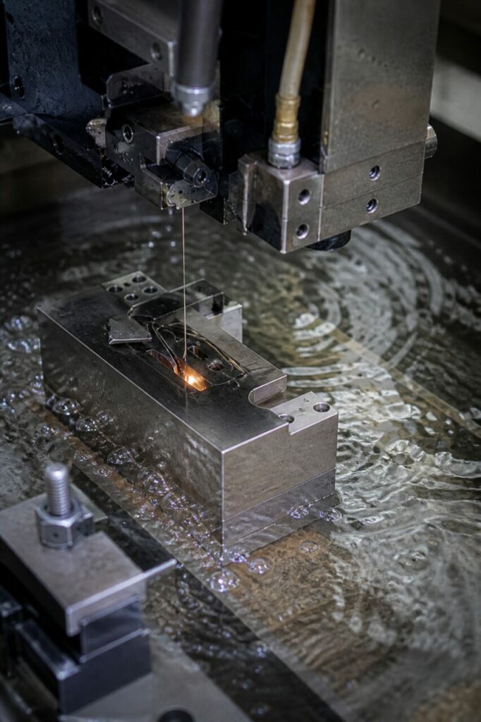 Découpe par électroérosion à fil d’un insert d’outillage en acier trempé — avec insert d’outillage sur la table