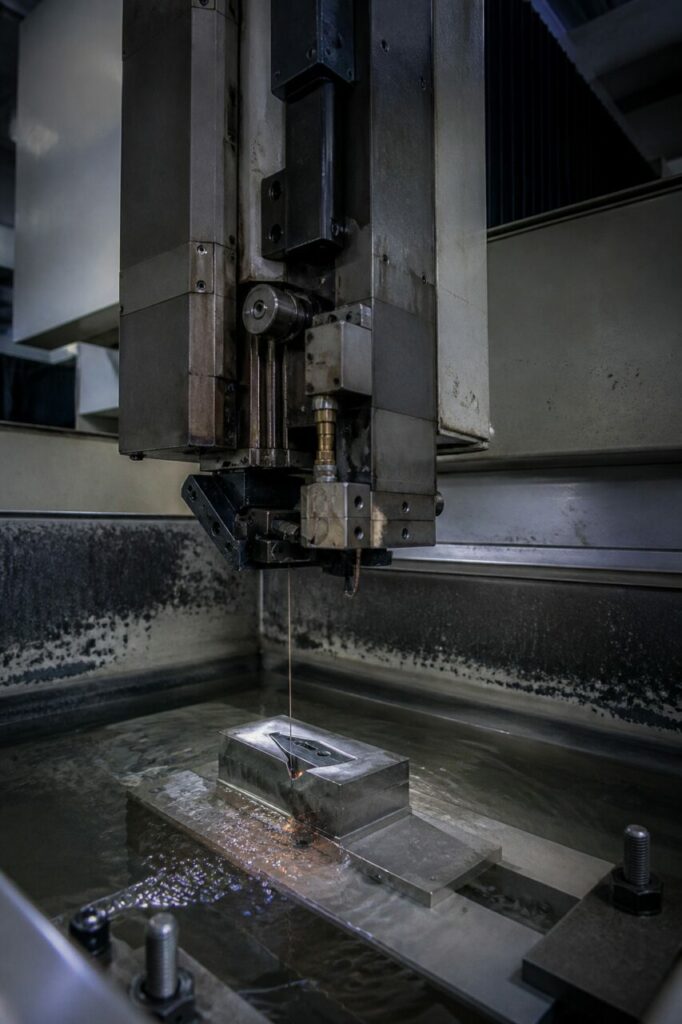 Découpe par électroérosion à fil d’un insert d’outillage en acier trempé — avec étincelle de coupe et fil tendu